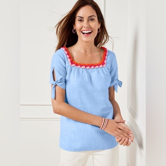 Talbots | CROCHET TRIM LINEN TOP - CROSS DYED - Picture 1 of 4